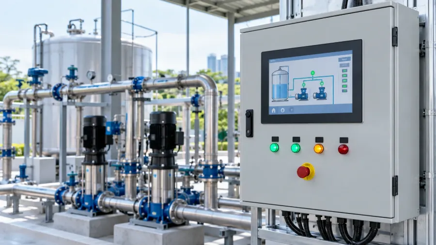 Pump control panel with touchscreen beside booster pumps