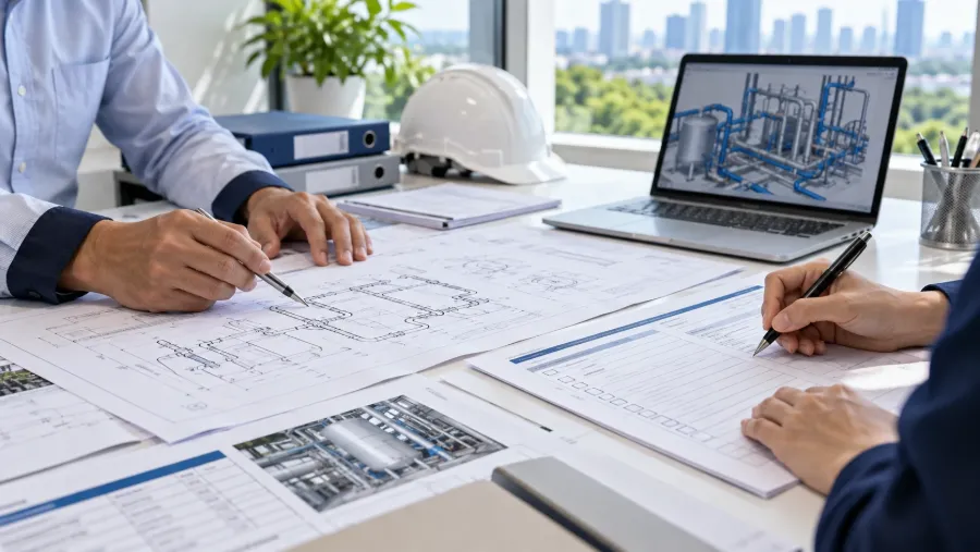 Engineers reviewing piping drawings and a 3D model