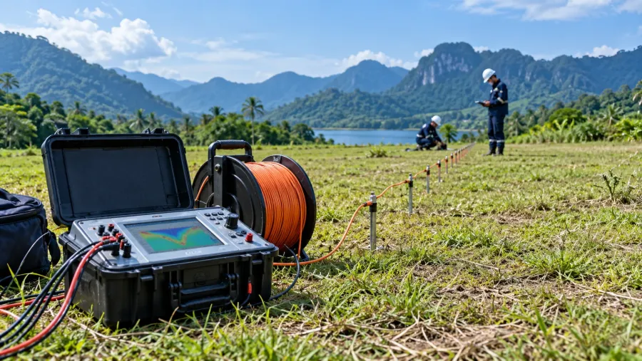 Electrical resistivity survey cable laid across a field