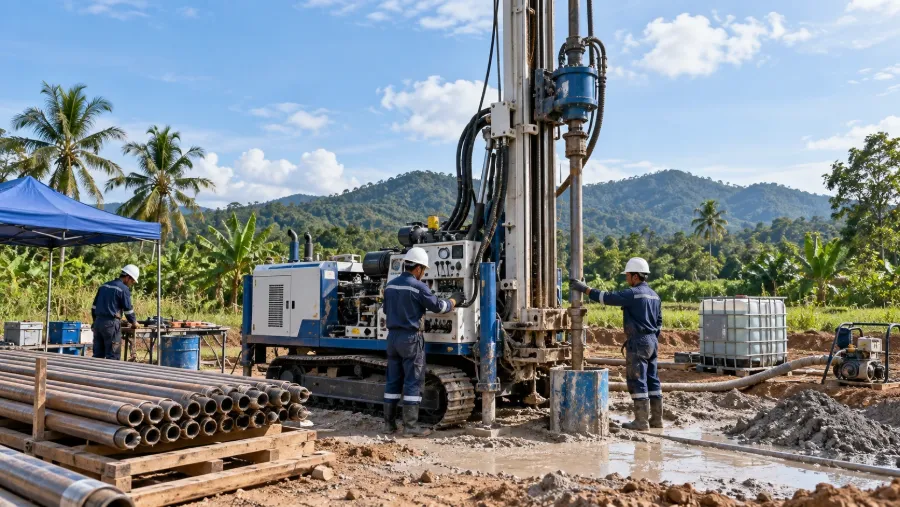 Drilling rig and crew at a tubewell site